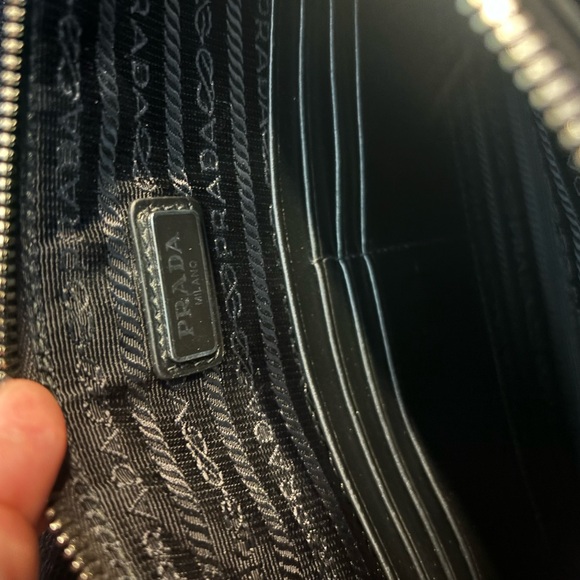 Prada Black and Blue Saffiano Colorblock Leather Steiped Pouch - Picture 6 of 6